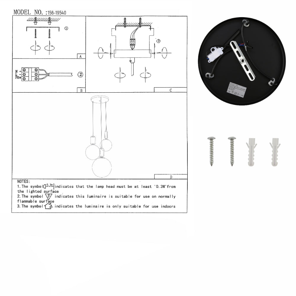 User manual for Opal Glass Globes Black Handle 3 Pendant Ceiling Light with E27 Fittings | TEKLED 156-19540