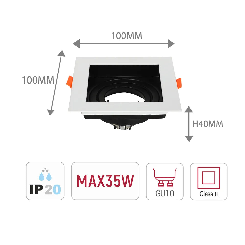 Tamaño y especificaciones técnicas del Downlight Cuadrado Inclinable GU10 Valiant-143-03440