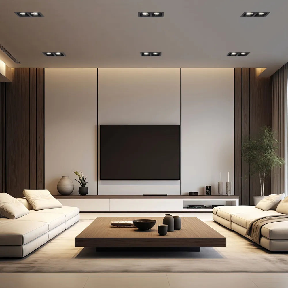 Moderna luminaria empotrable GU10 iluminando una sala de estar elegante con decoración contemporánea y tonos neutros, realzando la ambientación y el diseño.143-03446