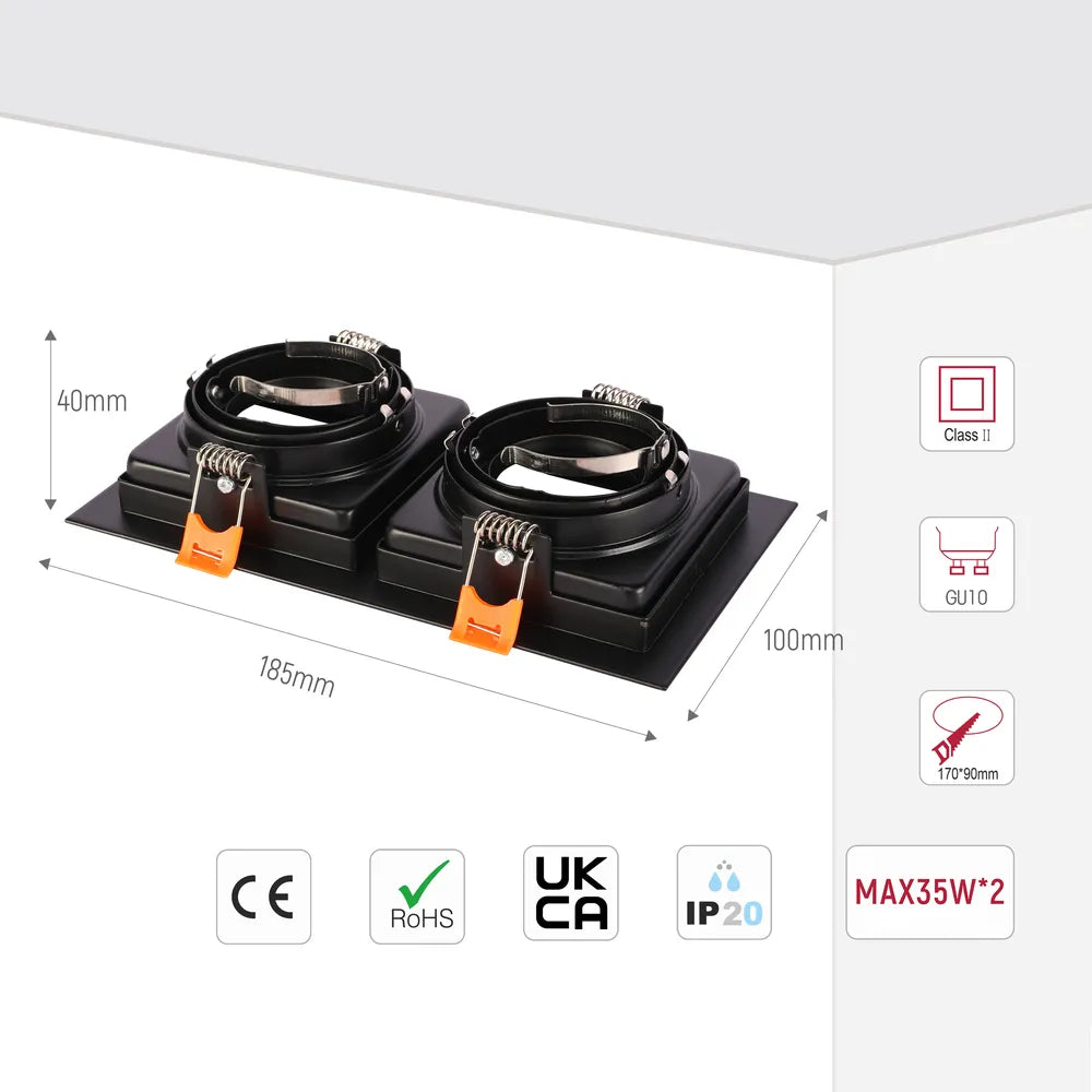 Tamaño y especificaciones técnicas del Downlight Cuadrado Inclinable Valiant GU10-143-03446