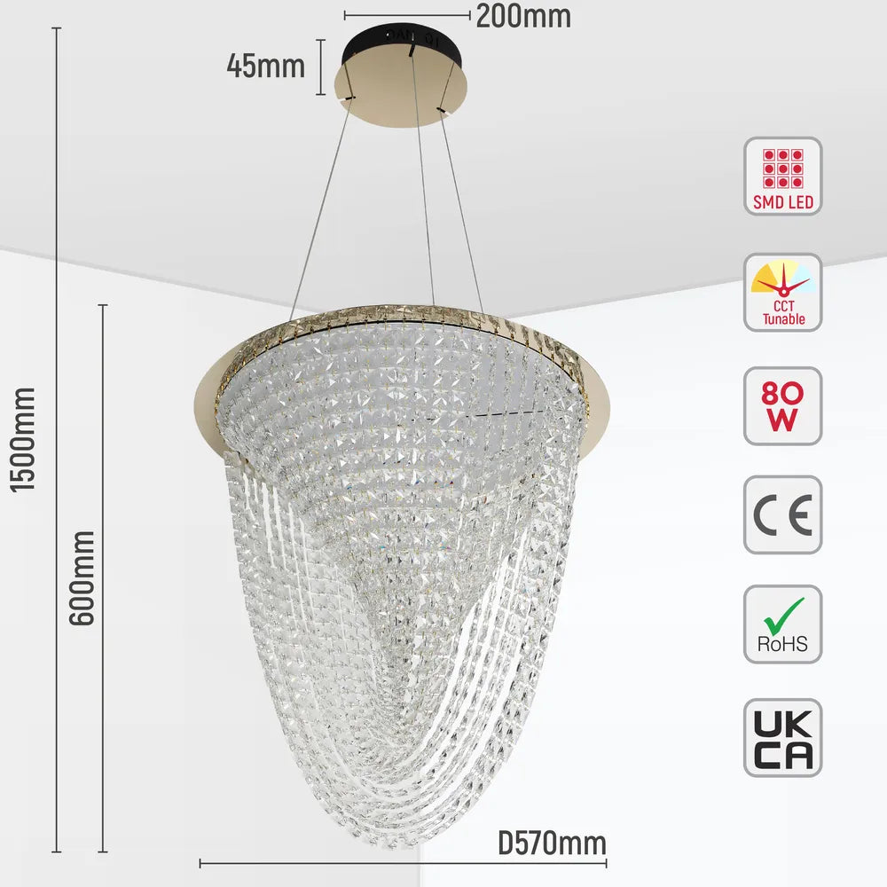 Tamaño y especificaciones técnicas de la Araña LED Vortex Crystal Cascade 80W Oro-159-18344