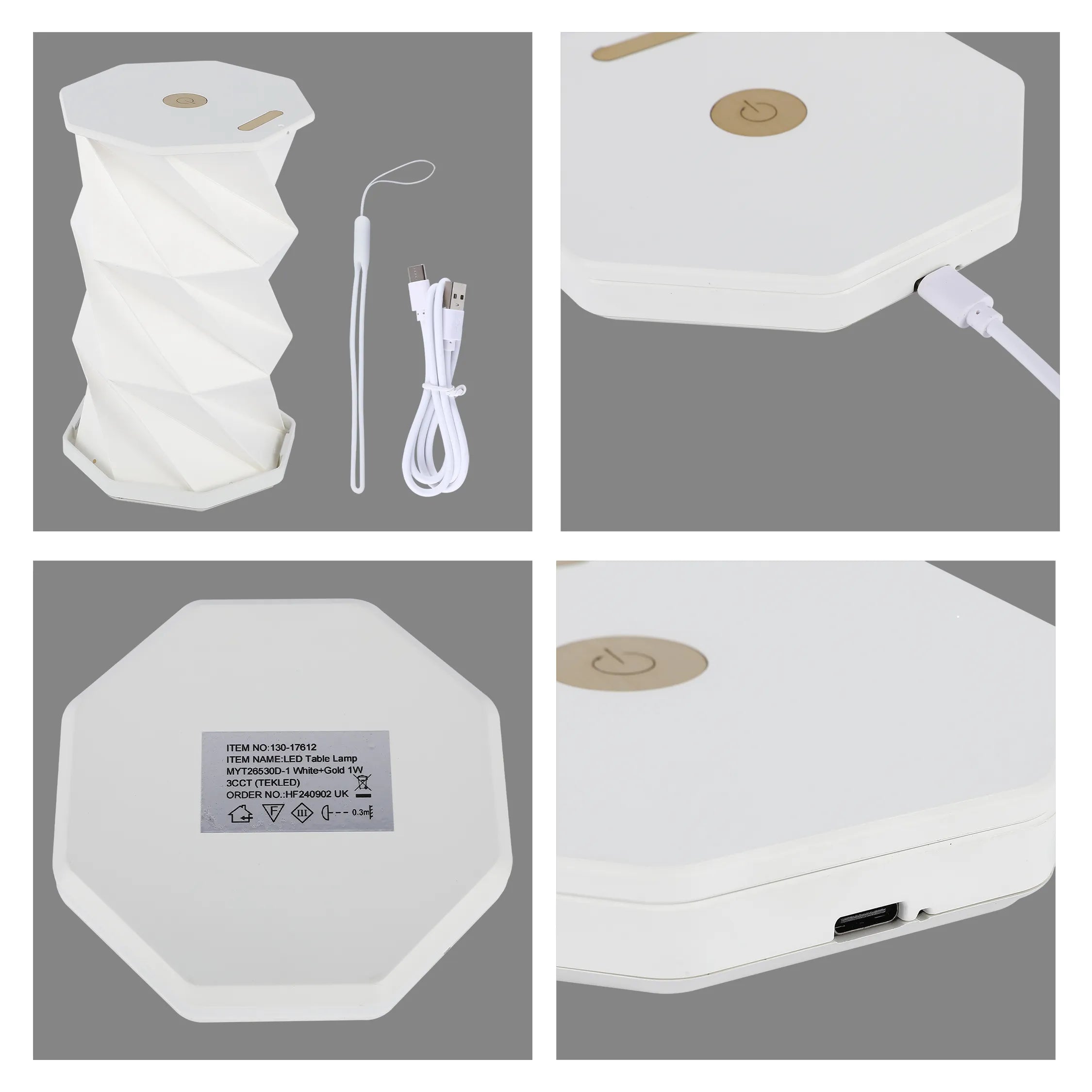 Lámpara de mesa origami expandible – Blanco y dorado, recargable por USB, LED regulable con 3 temperaturas de color (3CCT)