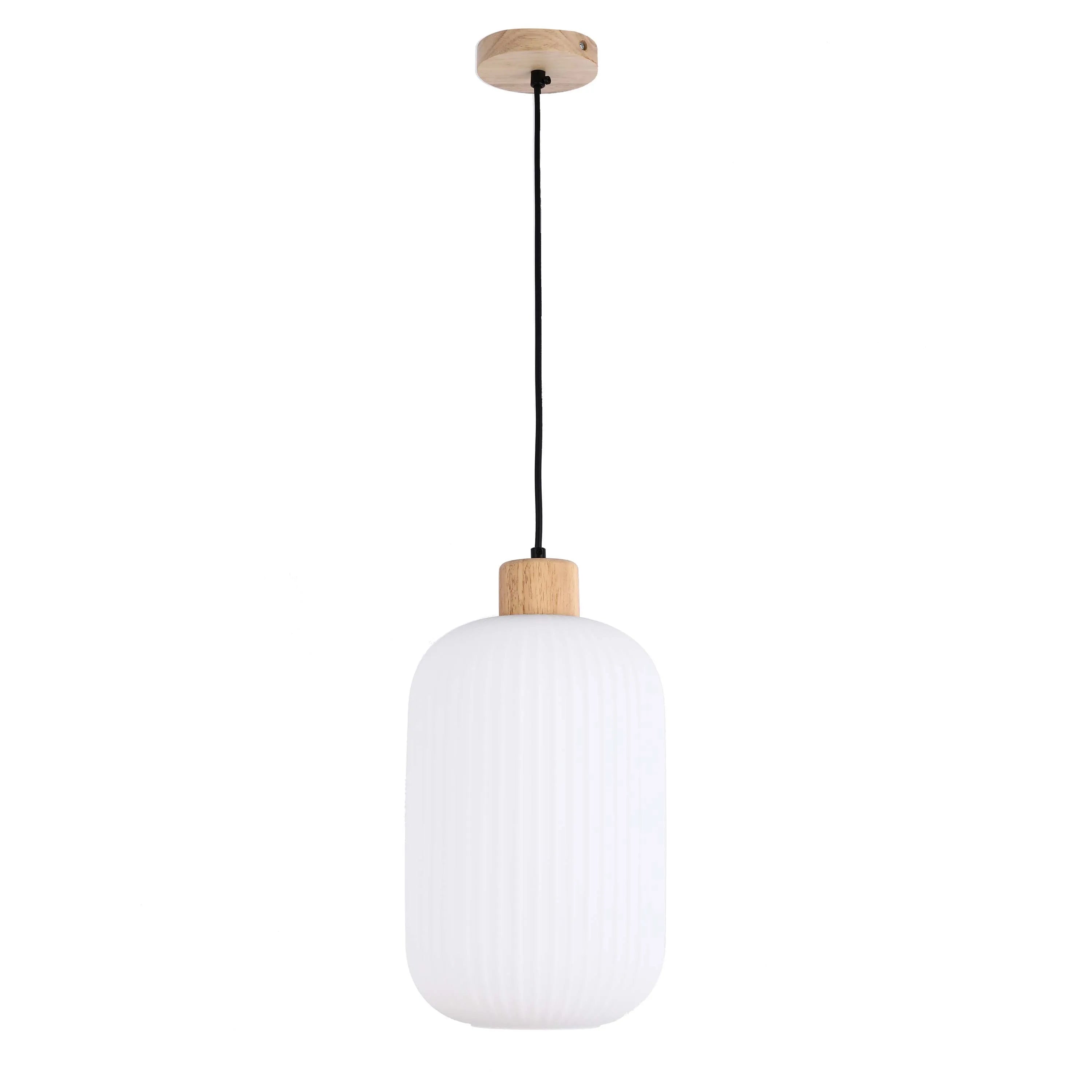 Lámpara Colgante de Vidrio Acanalado Blanco con Detalles en Madera