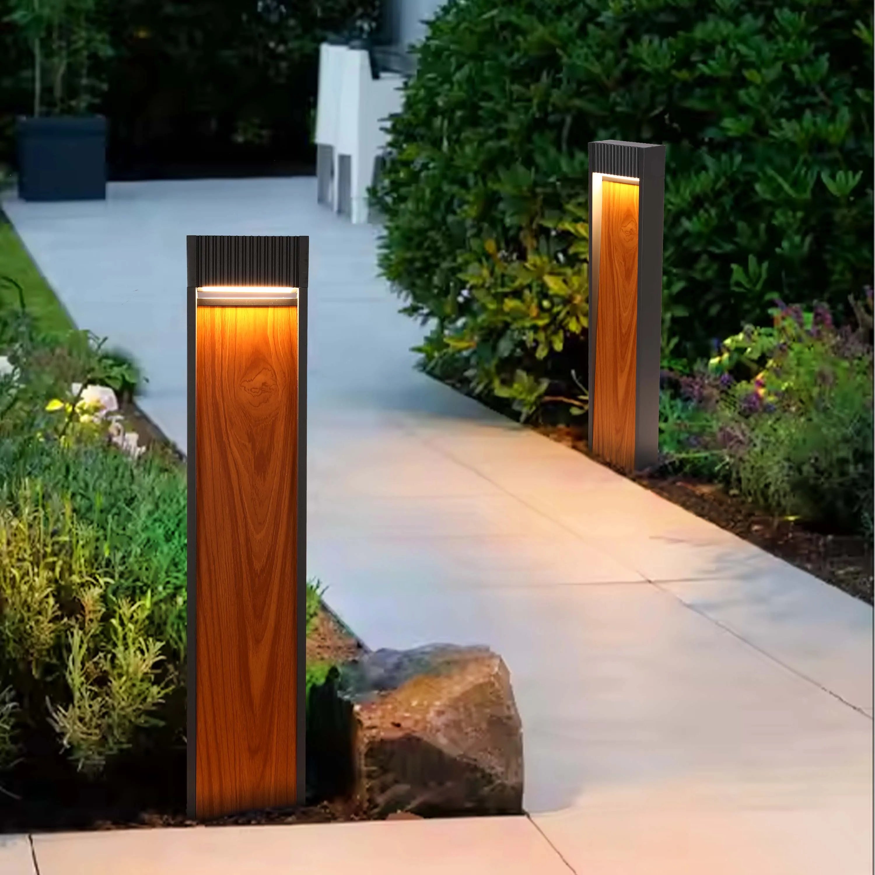 Luminaria de poste para exterior con efecto madera