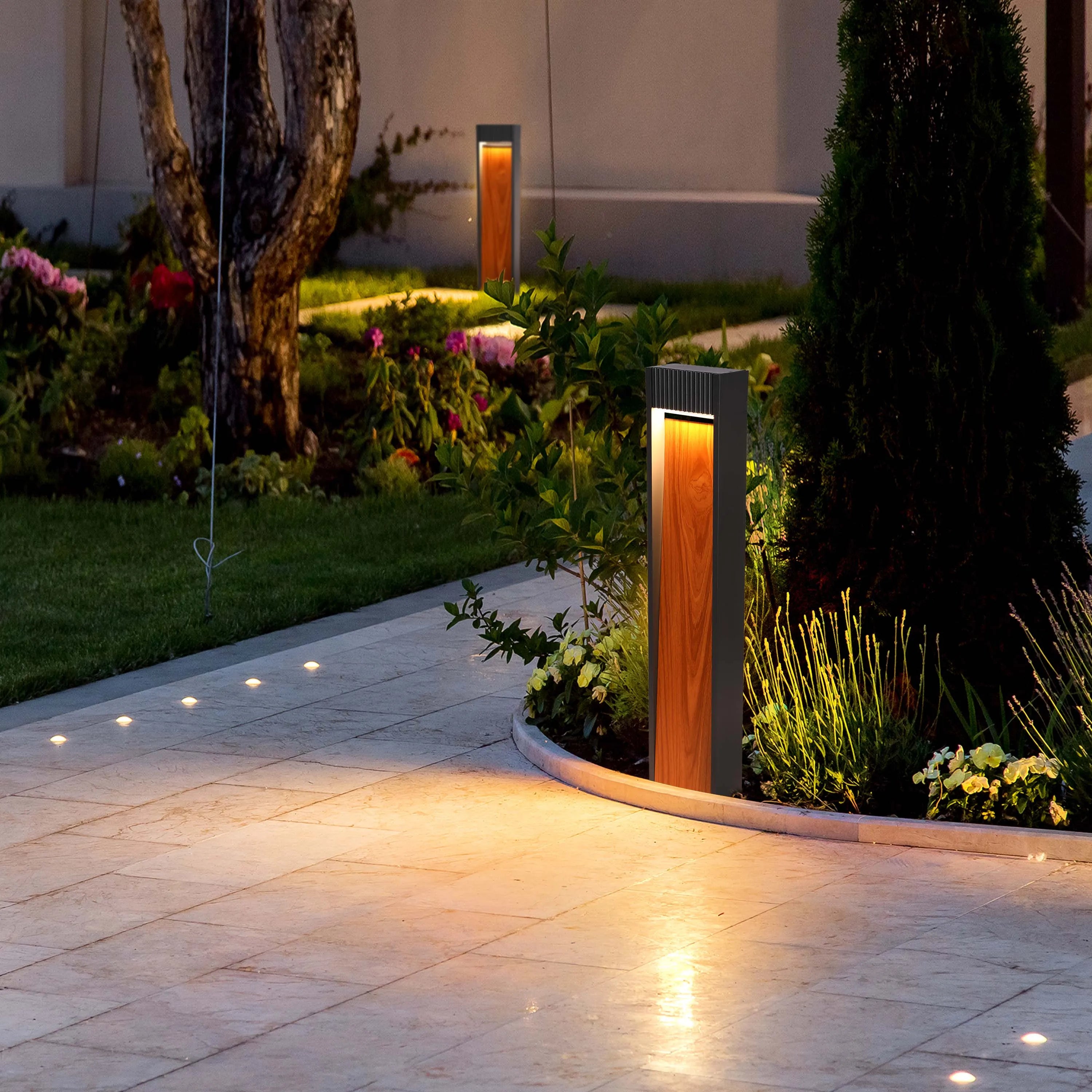Luminaria de poste para exterior con efecto madera