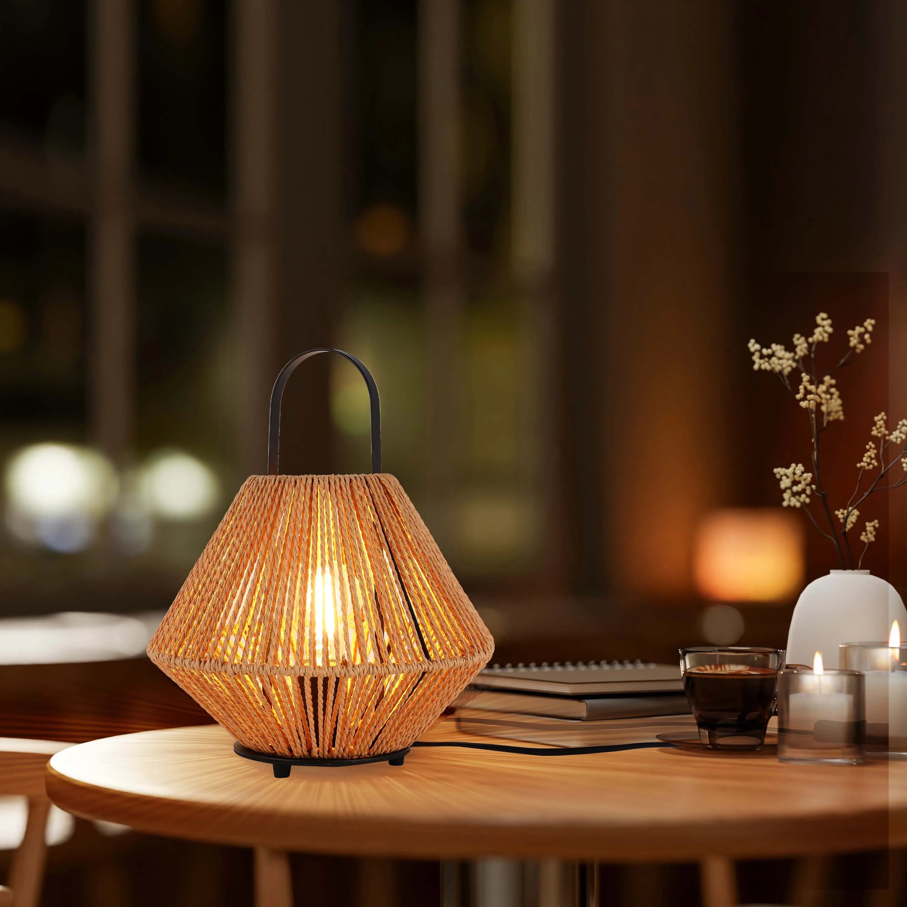 Lámpara de mesa de ratán tejido – Pantalla con patrón de diamante, bombilla E27, regulable, altura 310 mm
