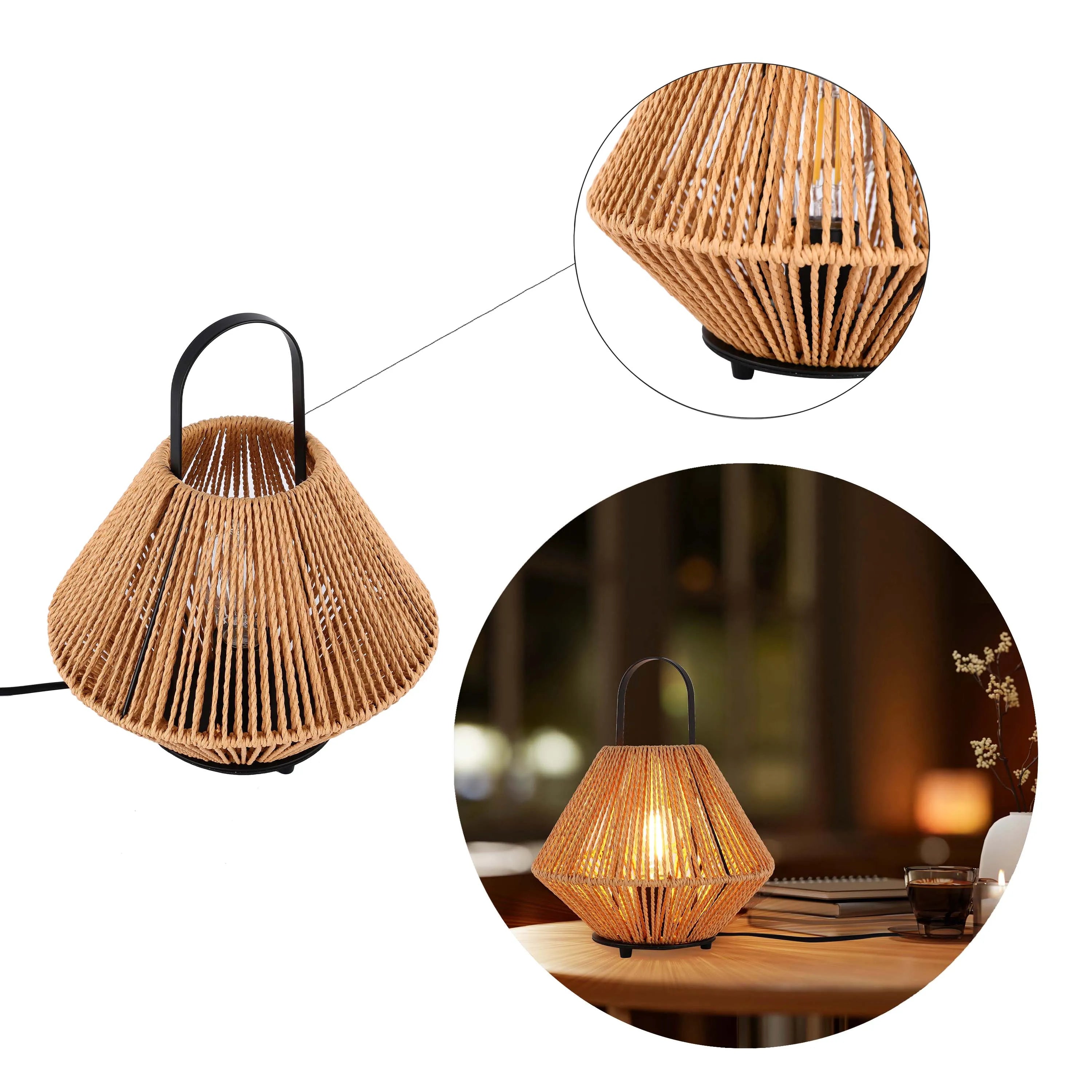 Lámpara de mesa de ratán tejido – Pantalla con patrón de diamante, bombilla E27, regulable, altura 310 mm