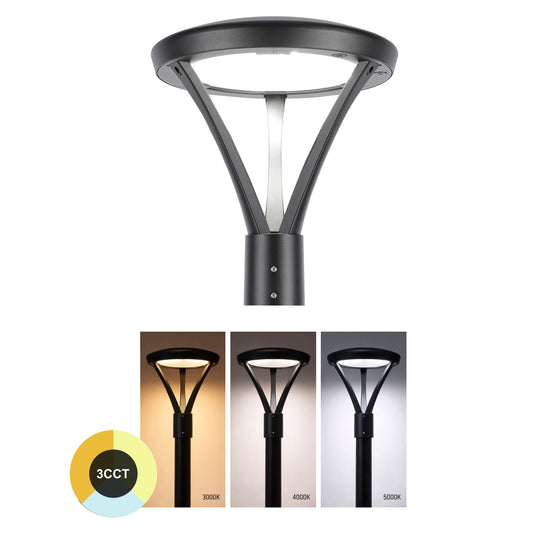 Luminaria LED comercial para exteriores, Punta de poste, seleccionable entre 60W/80W/100W y con 3 temperaturas de color (CCT), protección IP66.