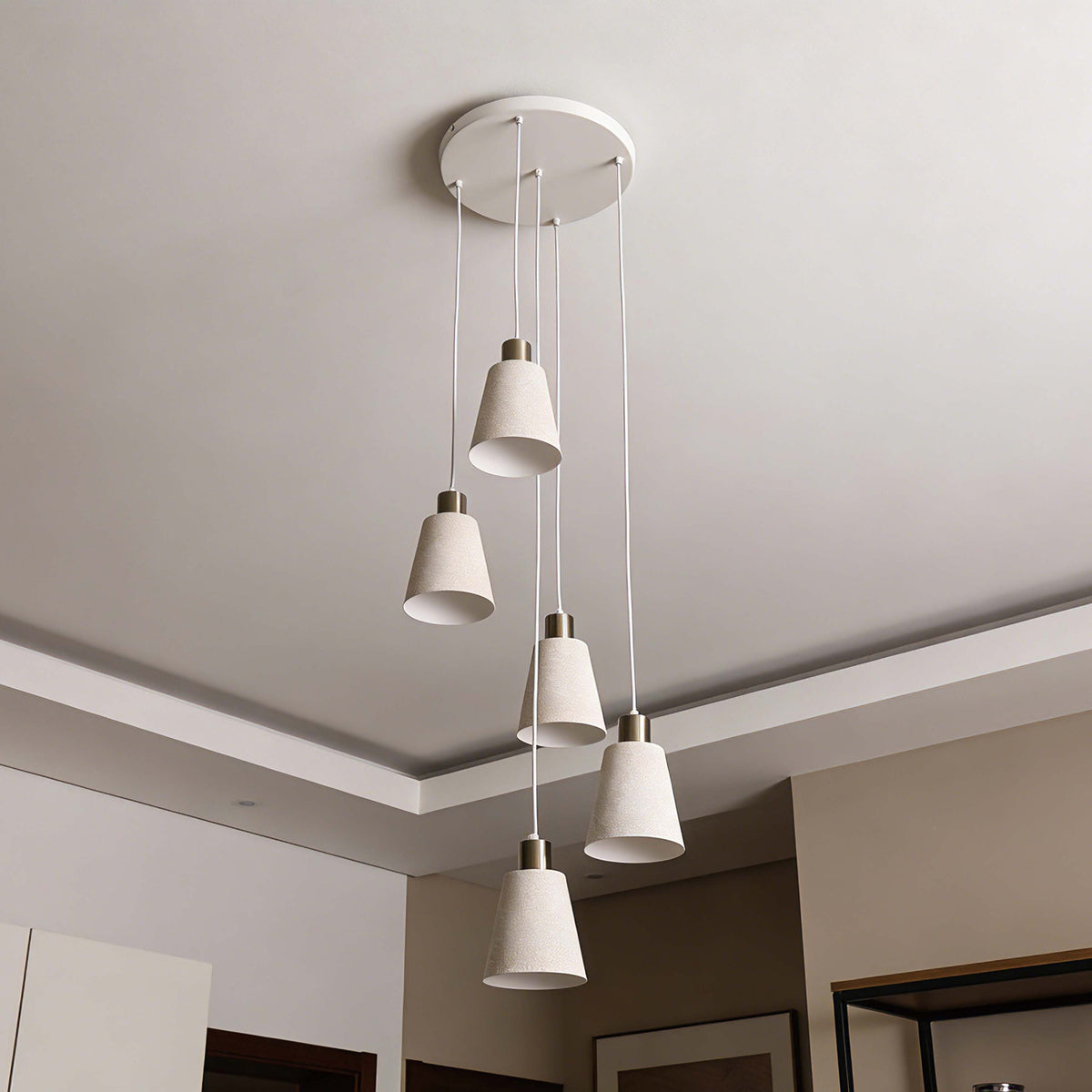 Lámpara colgante moderna de cono blanco moteado y bronce antiguo, E27, 1/3/5 luces