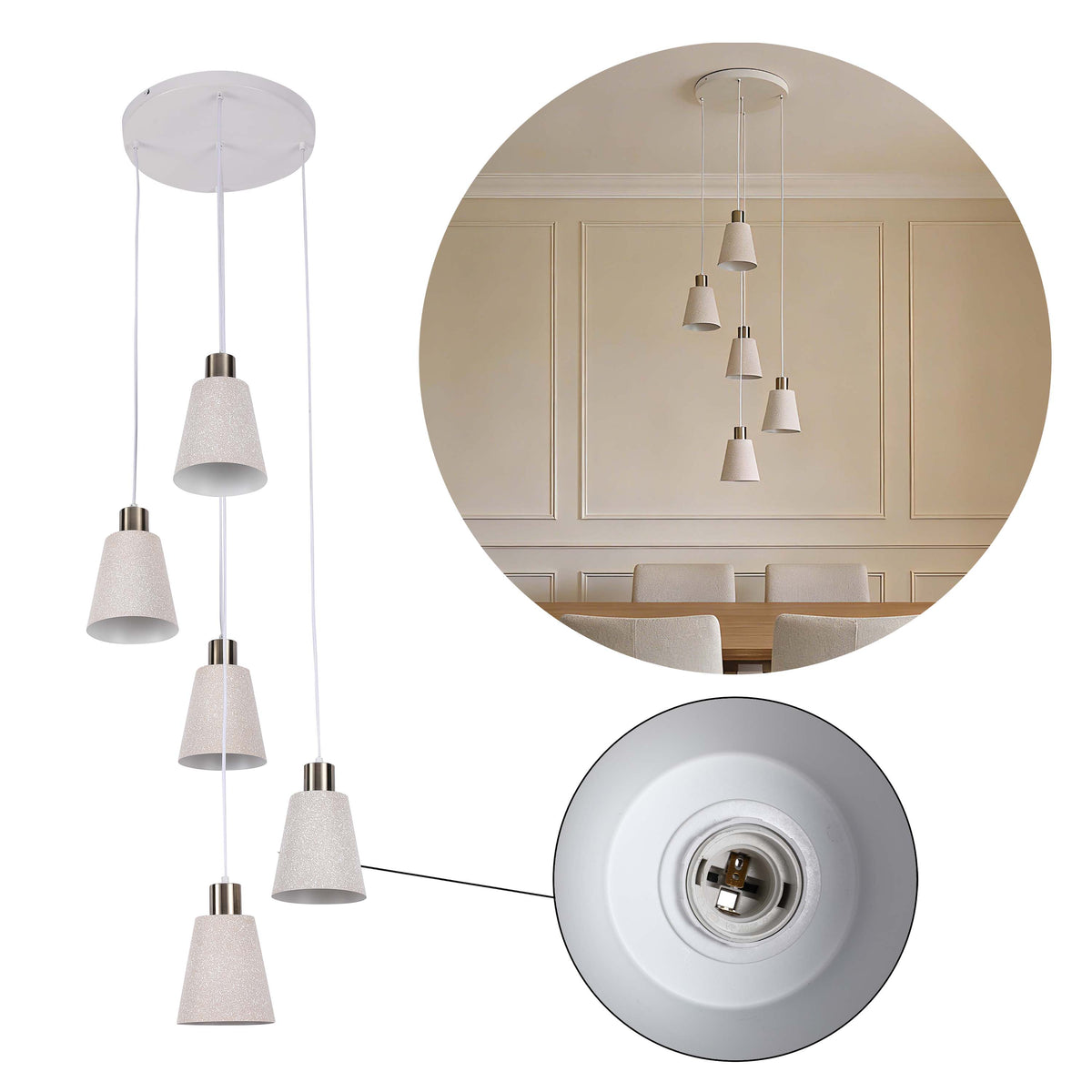 Lámpara colgante moderna de cono blanco moteado y bronce antiguo, E27, 1/3/5 luces