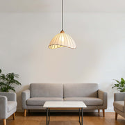 Lámpara colgante bohemia asimétrica con pantalla de lino beige y detalles negros, E27