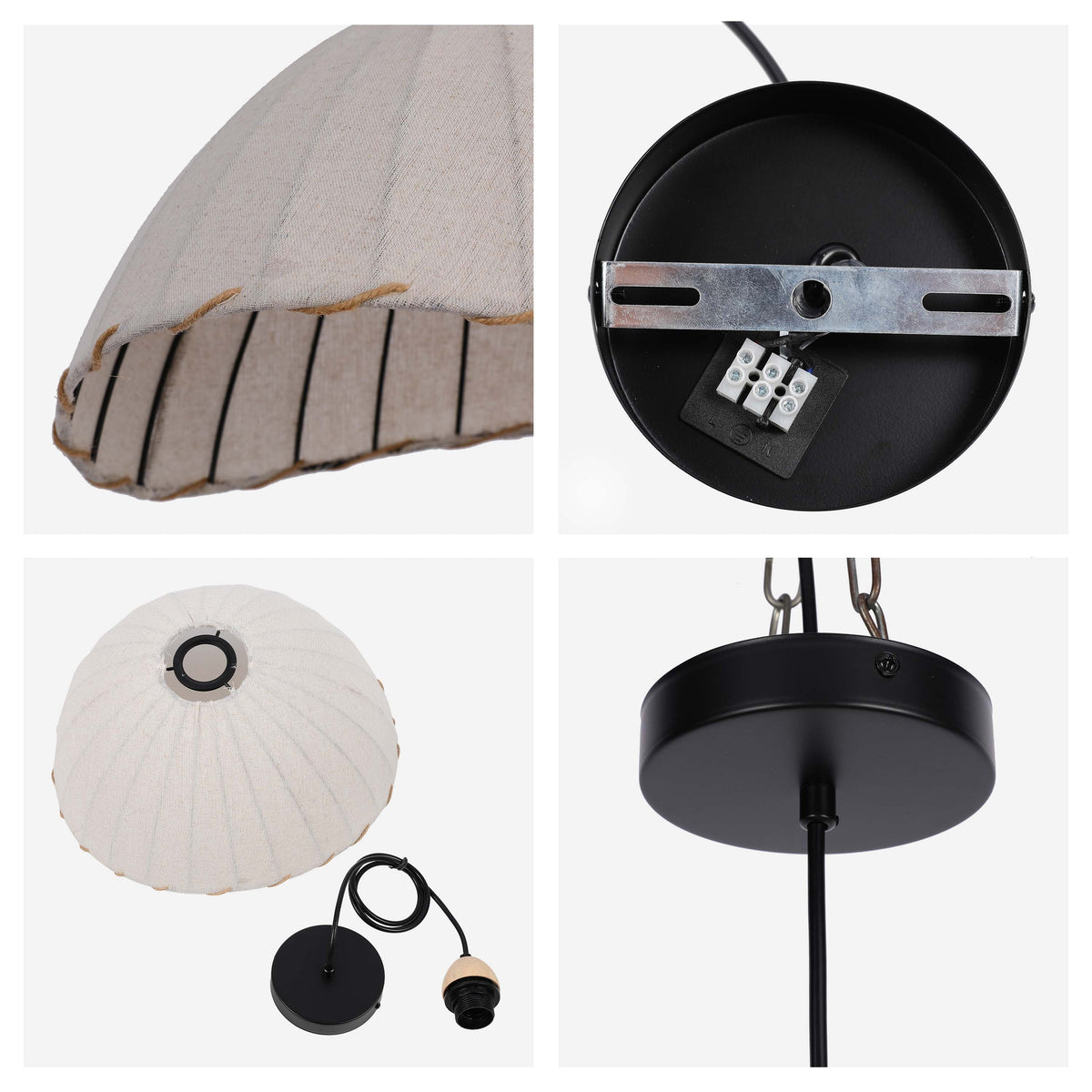 Lámpara colgante bohemia asimétrica con pantalla de lino beige y detalles negros, E27
