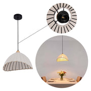 Lámpara colgante bohemia asimétrica con pantalla de lino beige y detalles negros, E27