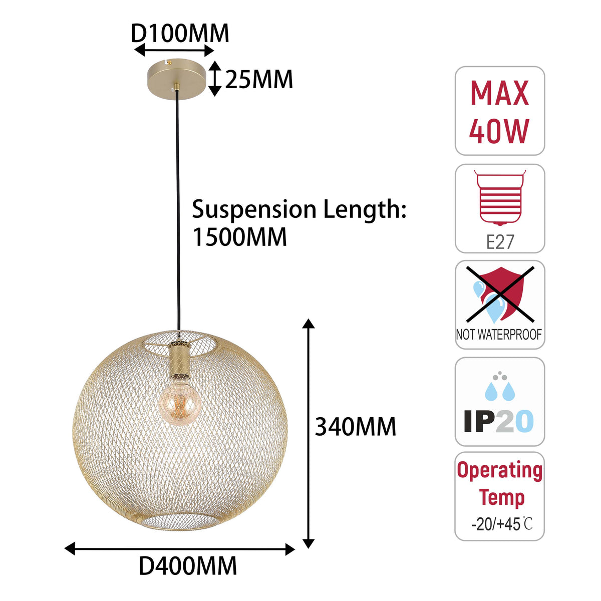 Lámpara colgante moderna de globo y malla metálica dorada, E27, 40/48 cm