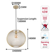 Lámpara colgante moderna de globo y malla metálica dorada, E27, 40/48 cm