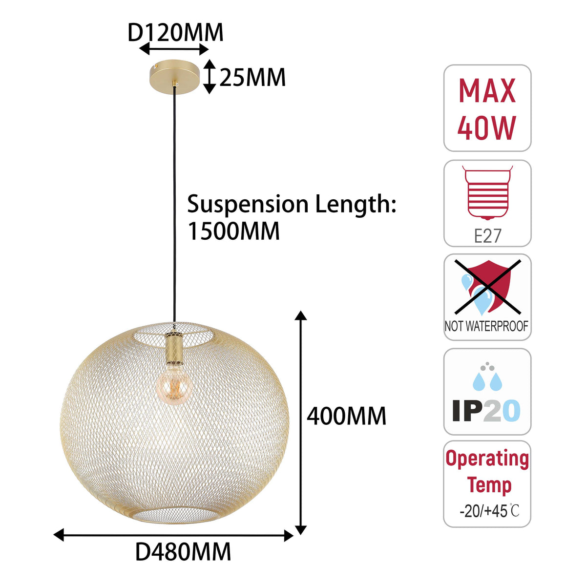 Lámpara colgante moderna de globo y malla metálica dorada, E27, 40/48 cm