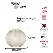 Lámpara colgante moderna de globo y malla metálica dorada, E27, 40/48 cm