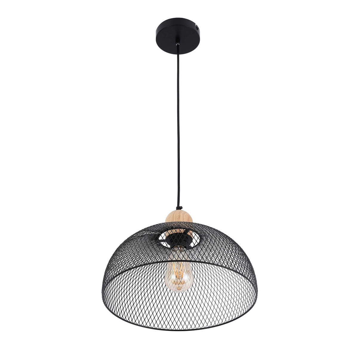 Lámpara colgante industrial de cúpula de malla negra con detalle de madera, E27