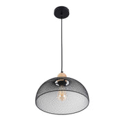Lámpara colgante industrial de cúpula de malla negra con detalle de madera, E27