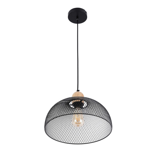 Lámpara colgante industrial de cúpula de malla negra con detalle de madera, E27