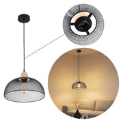 Lámpara colgante industrial de cúpula de malla negra con detalle de madera, E27
