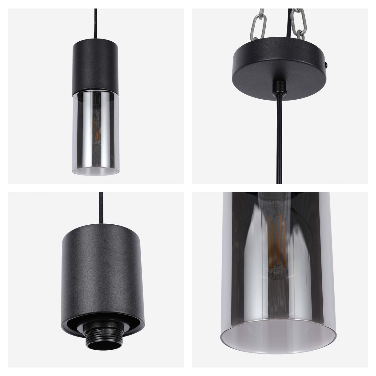 Lámpara colgante moderna de cilindro de vidrio ahumado, 1/4 luces E27