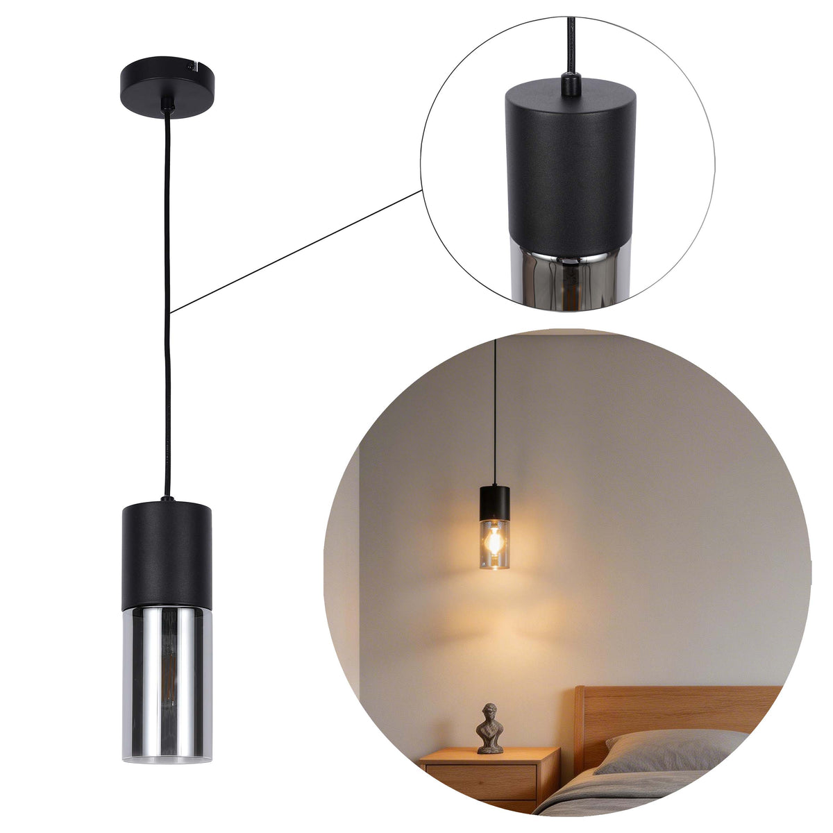 Lámpara colgante moderna de cilindro de vidrio ahumado, 1/4 luces E27