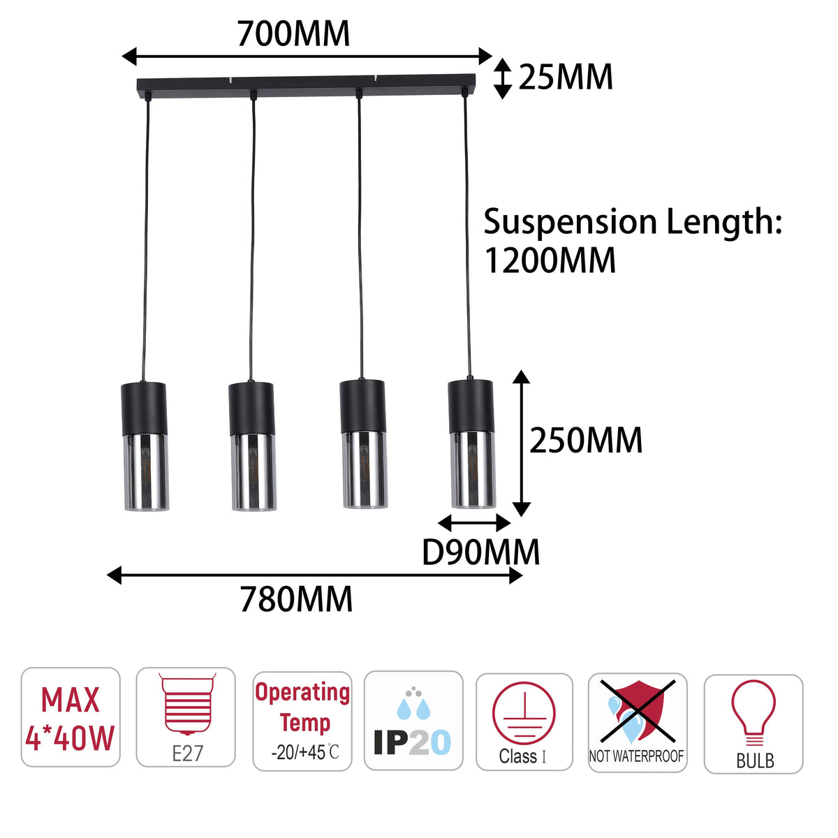 Lámpara colgante moderna de cilindro de vidrio ahumado, 1/4 luces E27