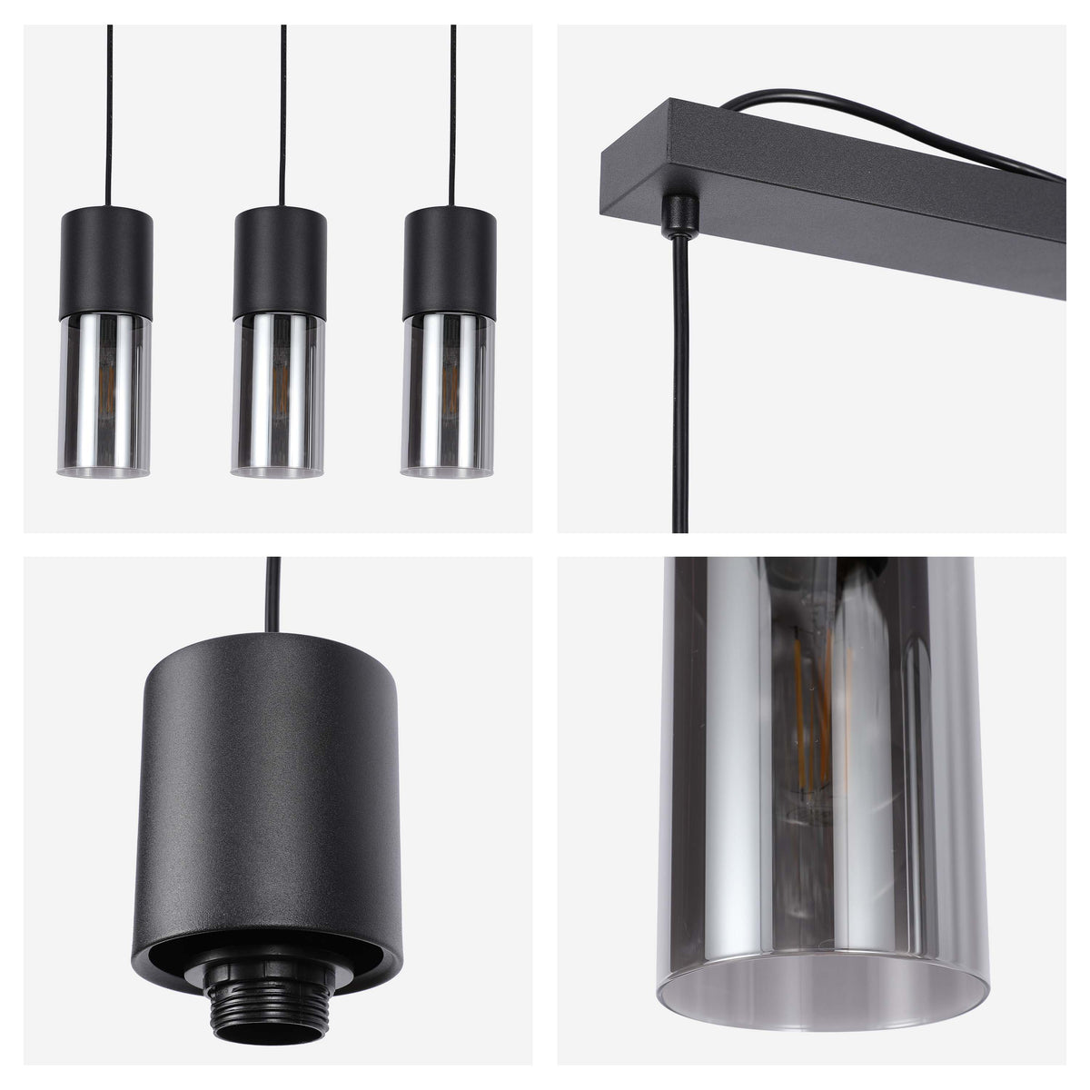 Lámpara colgante moderna de cilindro de vidrio ahumado, 1/4 luces E27