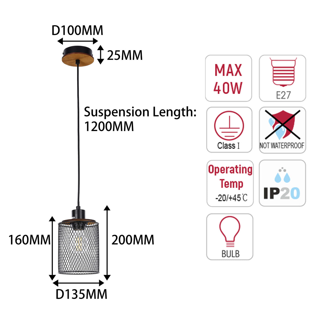 Lámpara colgante industrial de malla cilíndrica, 1/4 luces E27 regulables