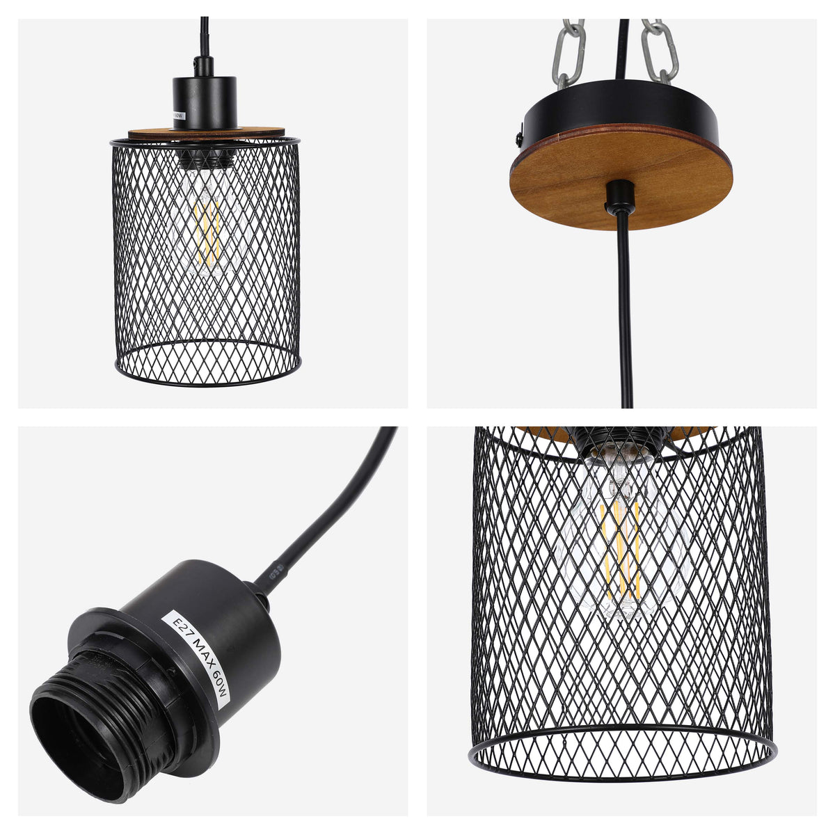 Lámpara colgante industrial de malla cilíndrica, 1/4 luces E27 regulables