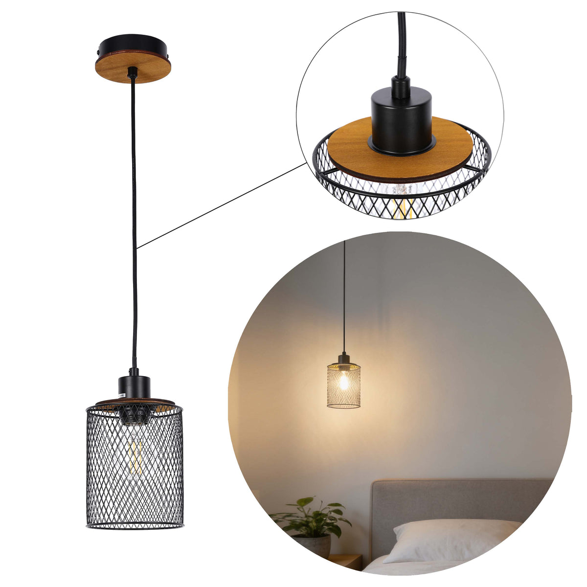 Lámpara colgante industrial de malla cilíndrica, 1/4 luces E27 regulables