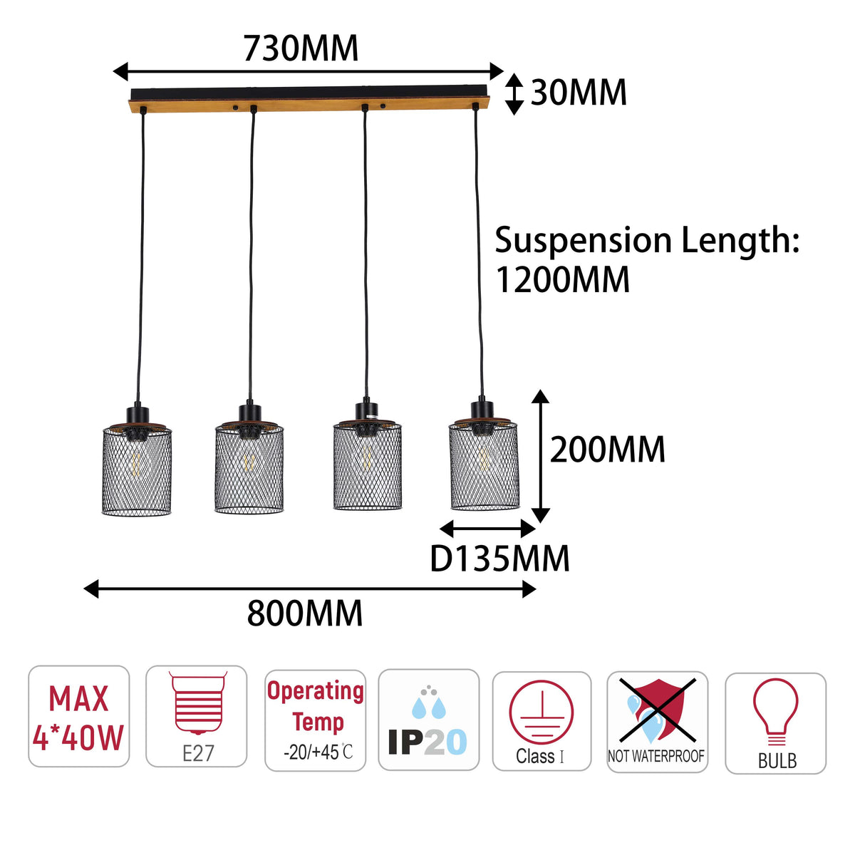 Lámpara colgante industrial de malla cilíndrica, 1/4 luces E27 regulables