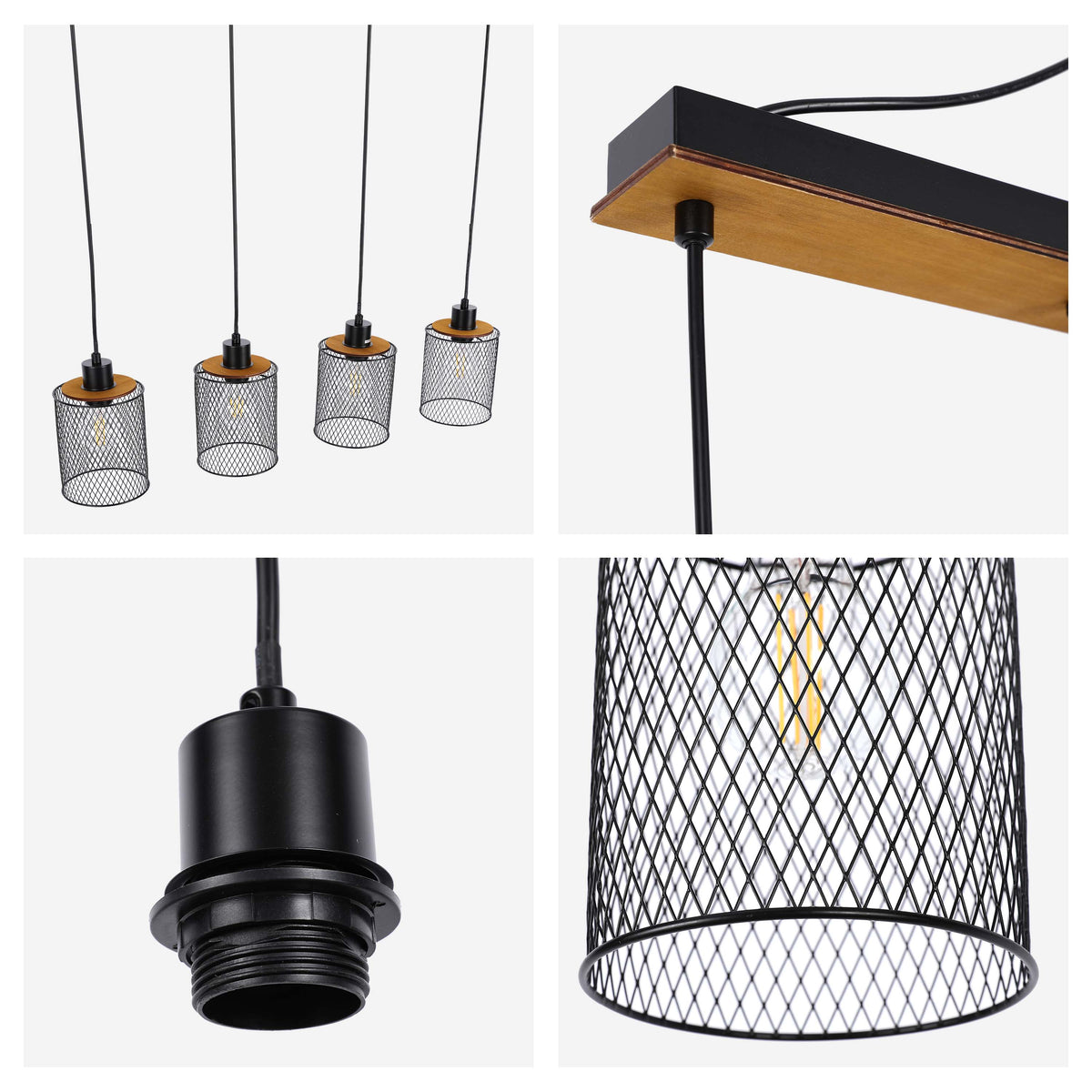 Lámpara colgante industrial de malla cilíndrica, 1/4 luces E27 regulables