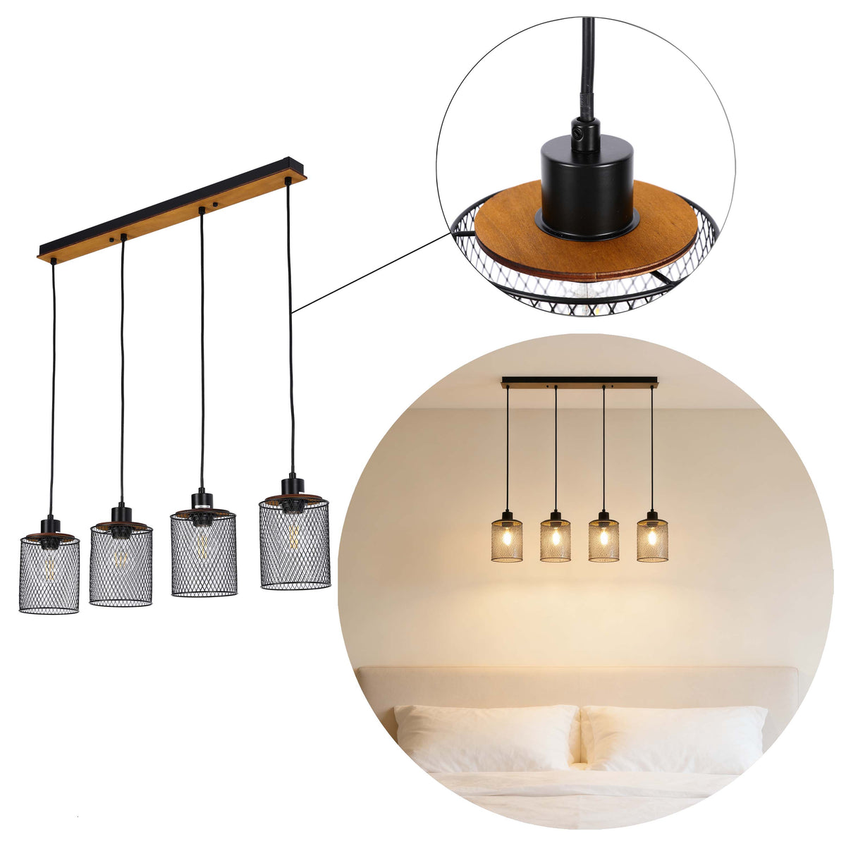 Lámpara colgante industrial de malla cilíndrica, 1/4 luces E27 regulables