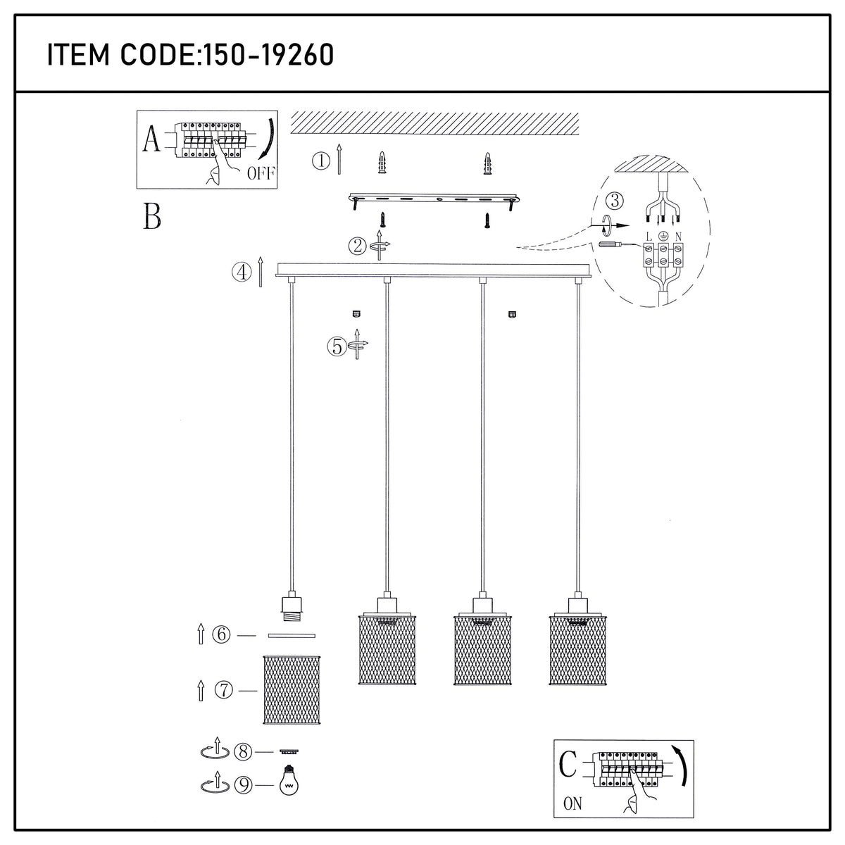 Lámpara colgante industrial de malla cilíndrica, 1/4 luces E27 regulables