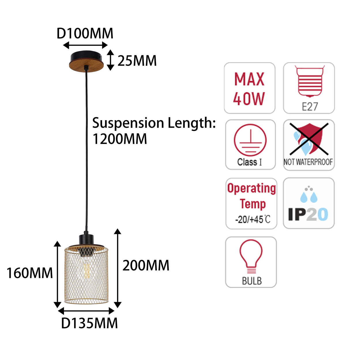 Lámpara colgante industrial de malla cilíndrica, 1/4 luces E27 regulables