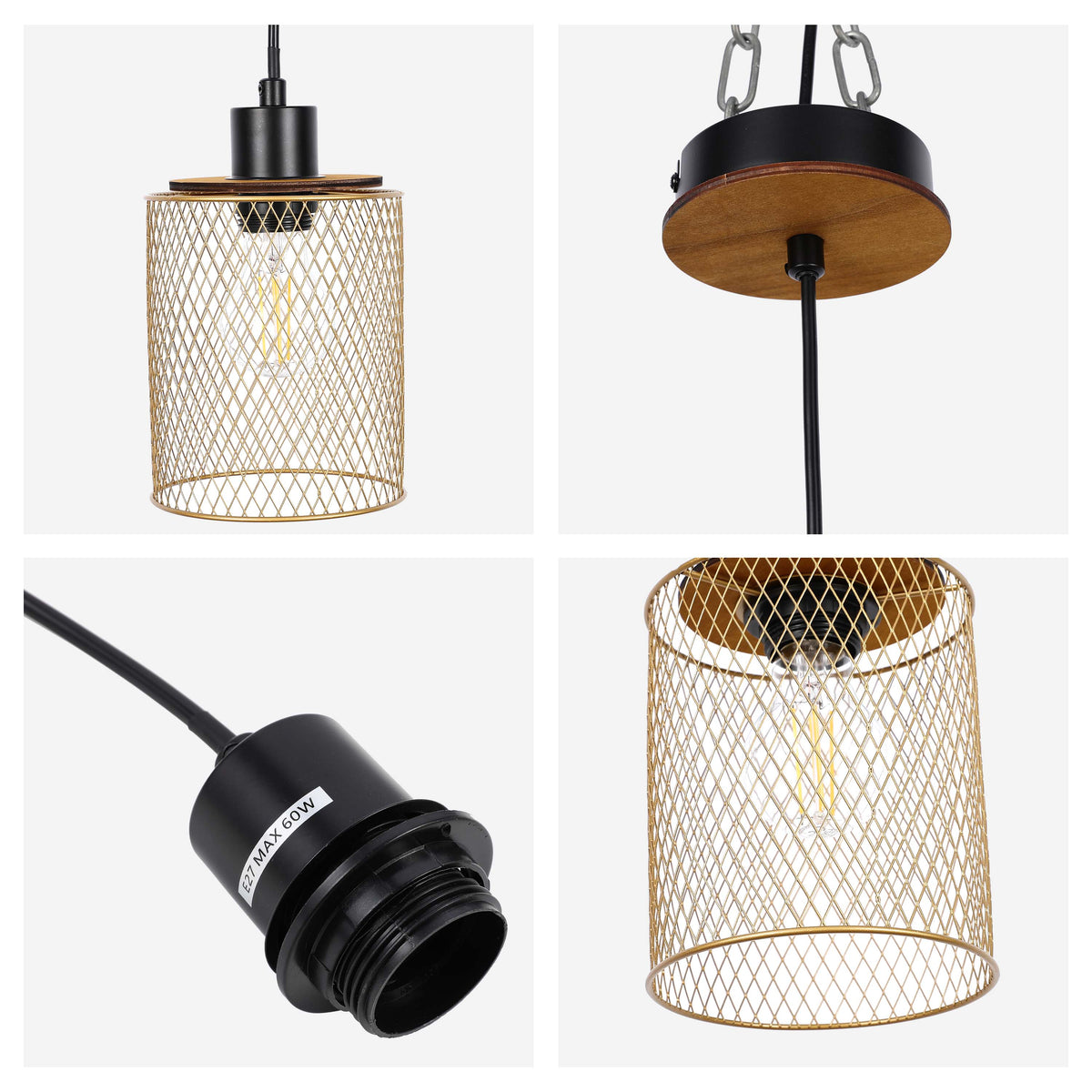 Lámpara colgante industrial de malla cilíndrica, 1/4 luces E27 regulables