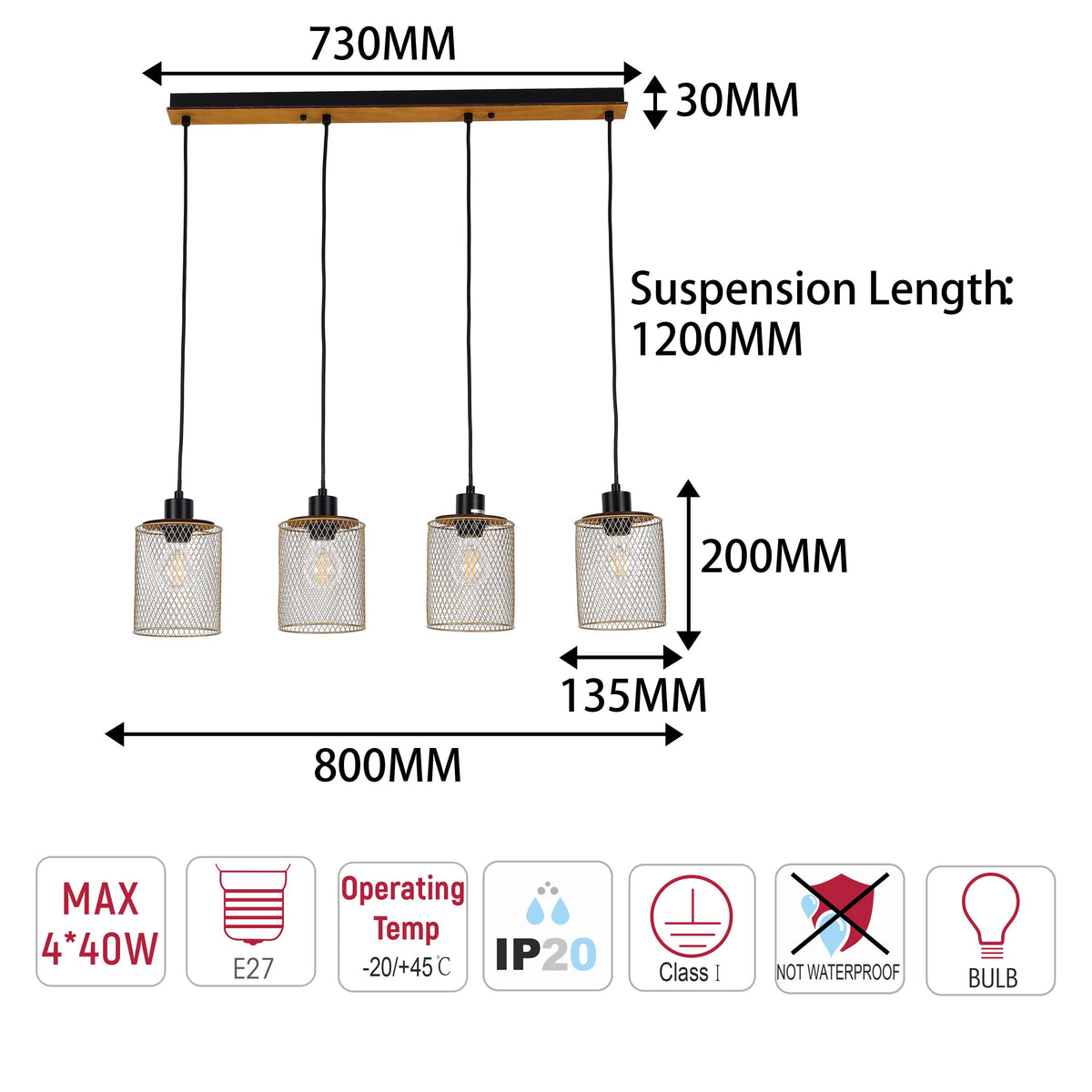 Lámpara colgante industrial de malla cilíndrica, 1/4 luces E27 regulables