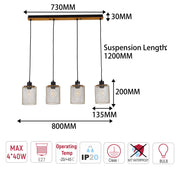 Lámpara colgante industrial de malla cilíndrica, 1/4 luces E27 regulables