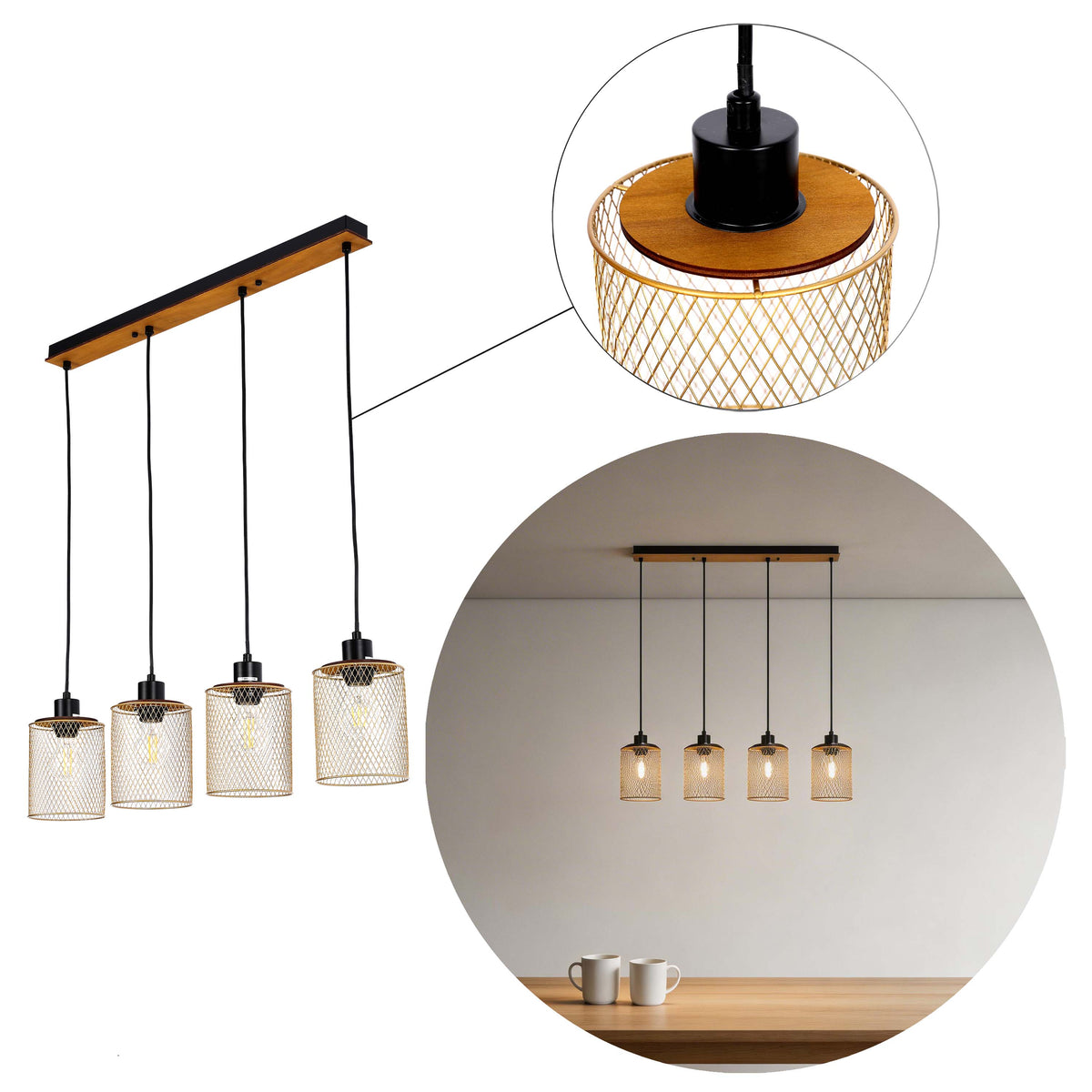Lámpara colgante industrial de malla cilíndrica, 1/4 luces E27 regulables