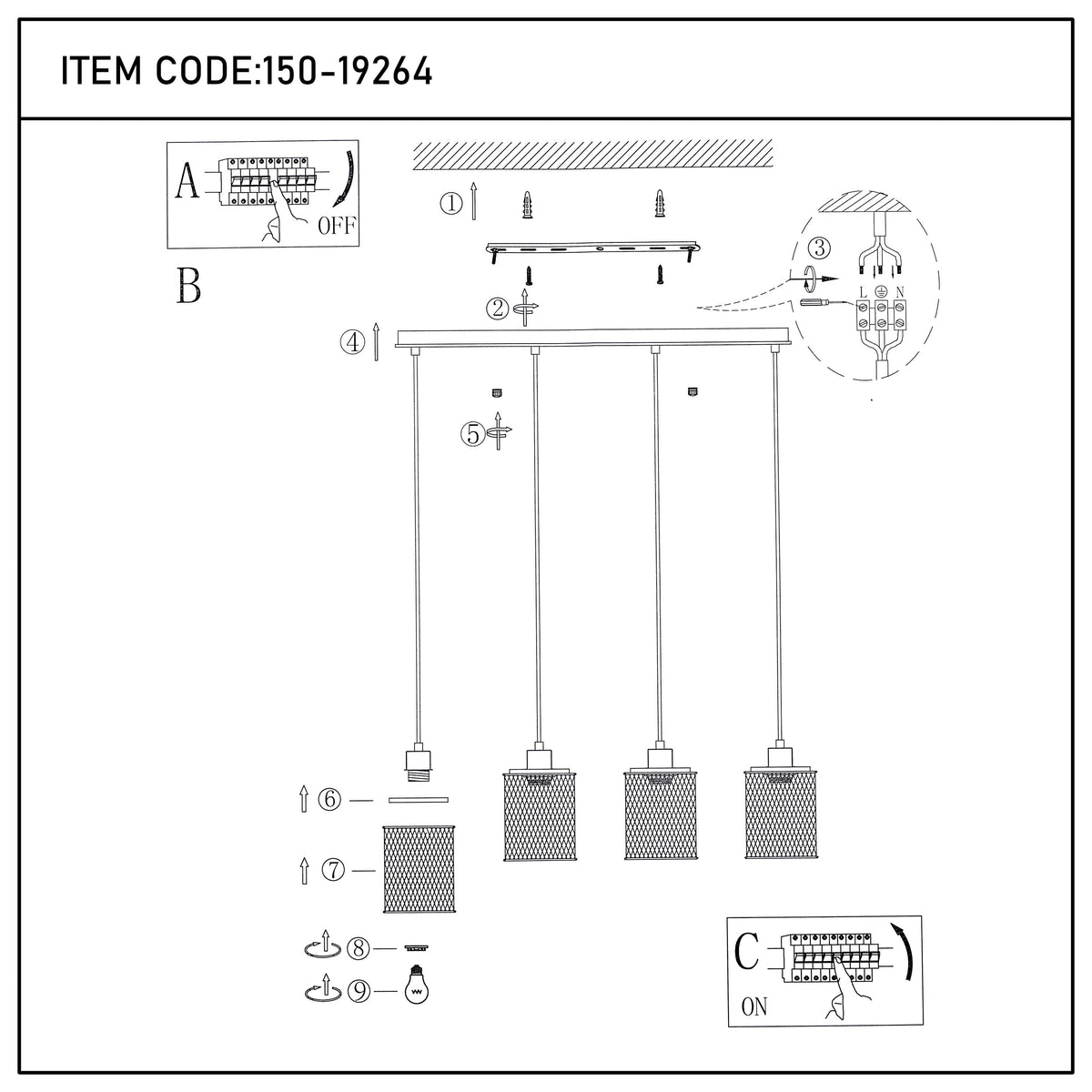 Lámpara colgante industrial de malla cilíndrica, 1/4 luces E27 regulables