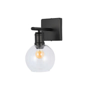Aplique moderno de pared negro con globo de vidrio transparente, una luz E27