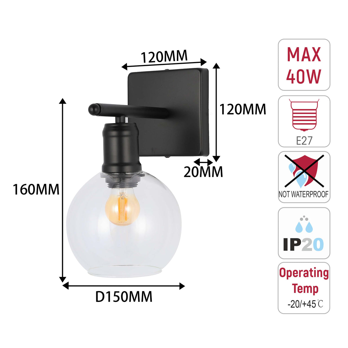 Aplique moderno de pared negro con globo de vidrio transparente, una luz E27