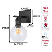 Aplique moderno de pared negro con globo de vidrio transparente, una luz E27