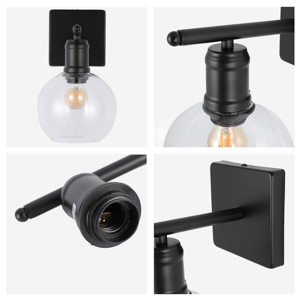 Aplique moderno de pared negro con globo de vidrio transparente, una luz E27