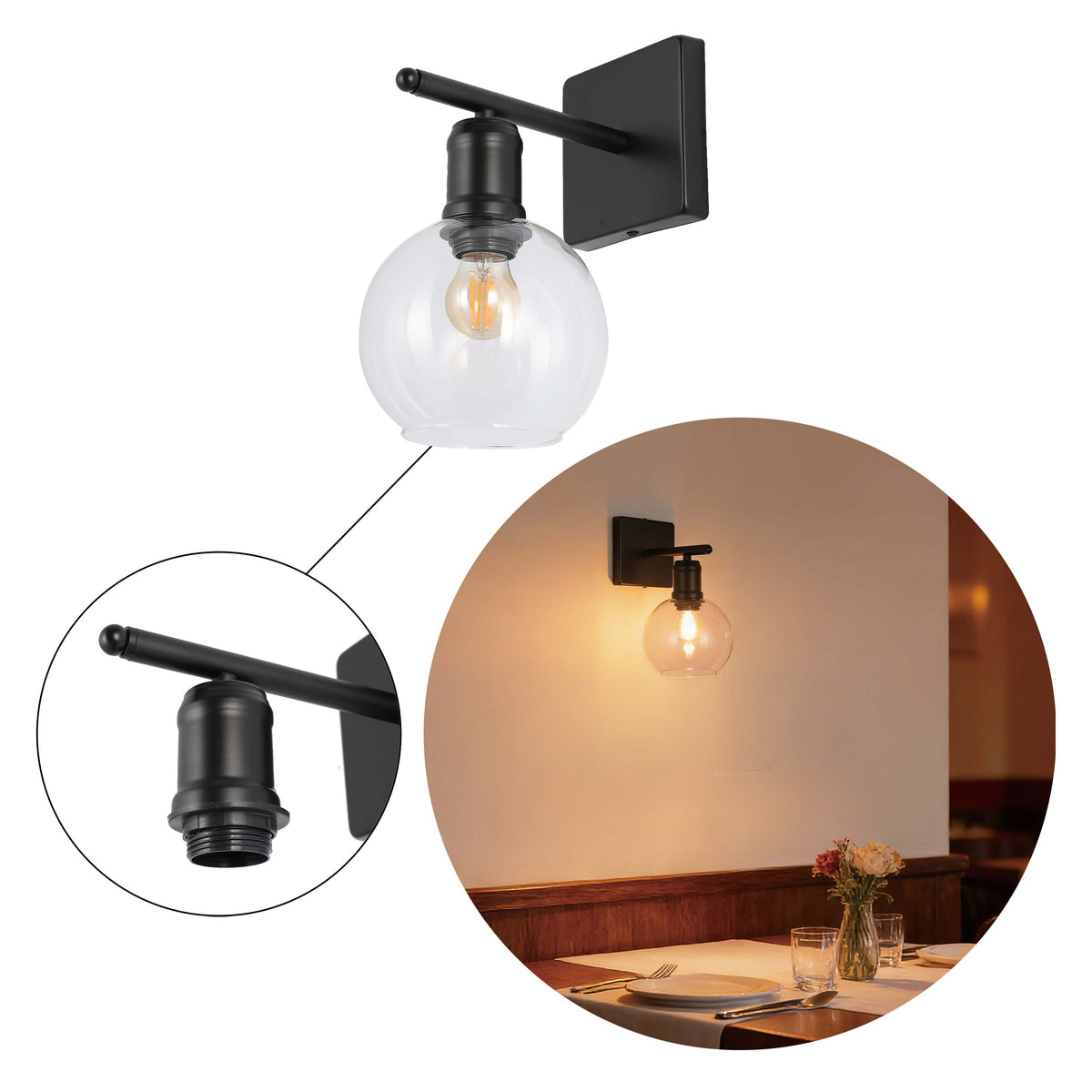 Aplique moderno de pared negro con globo de vidrio transparente, una luz E27