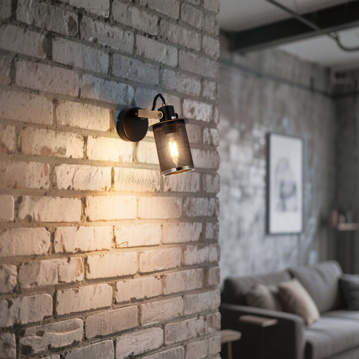 Aplique industrial de pared negro y latón antiguo con malla, E14 regulable