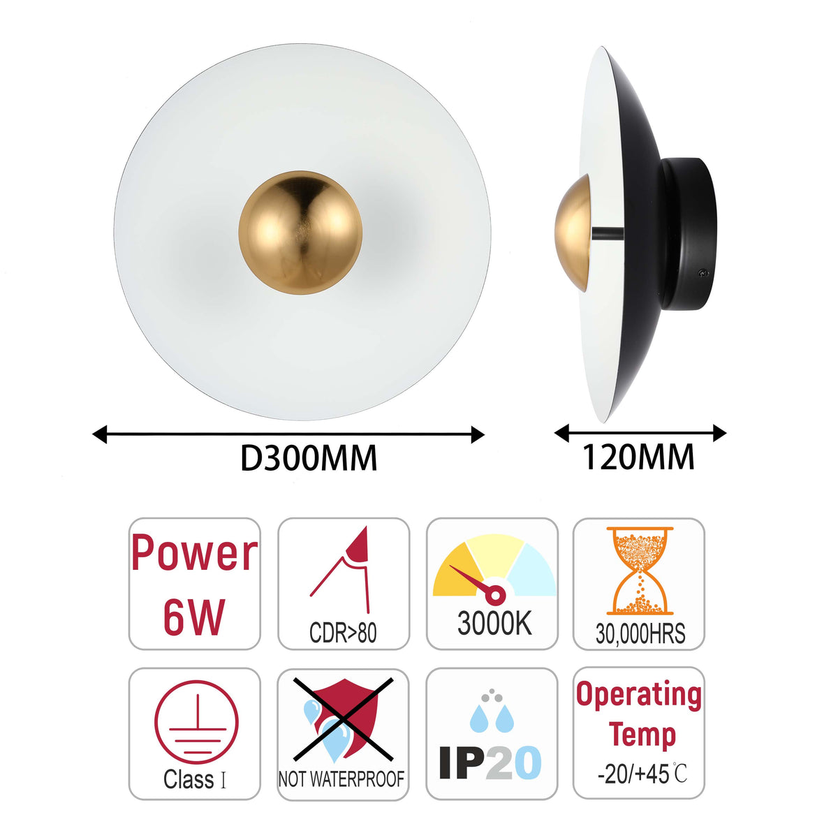 Aplique LED moderno circular con detalle dorado, blanco/rosa/azul, 6W, 3000K