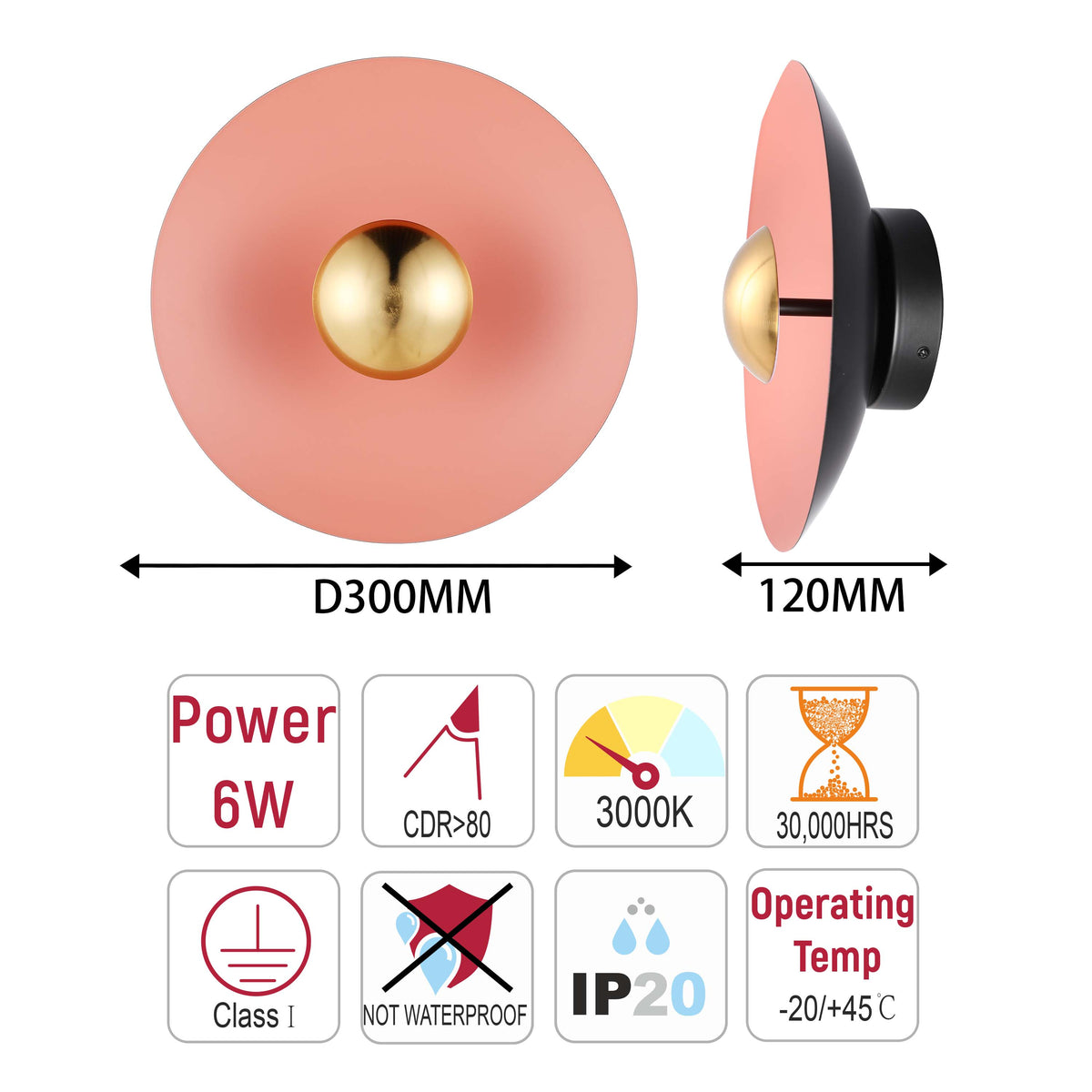 Aplique LED moderno circular con detalle dorado, blanco/rosa/azul, 6W, 3000K